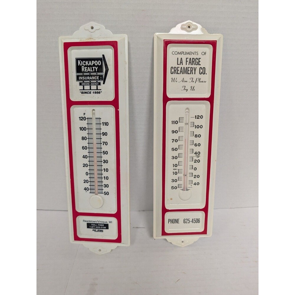Vintage LaFarge Creamer & Kickapoo Reality Thermometers Wisconsin